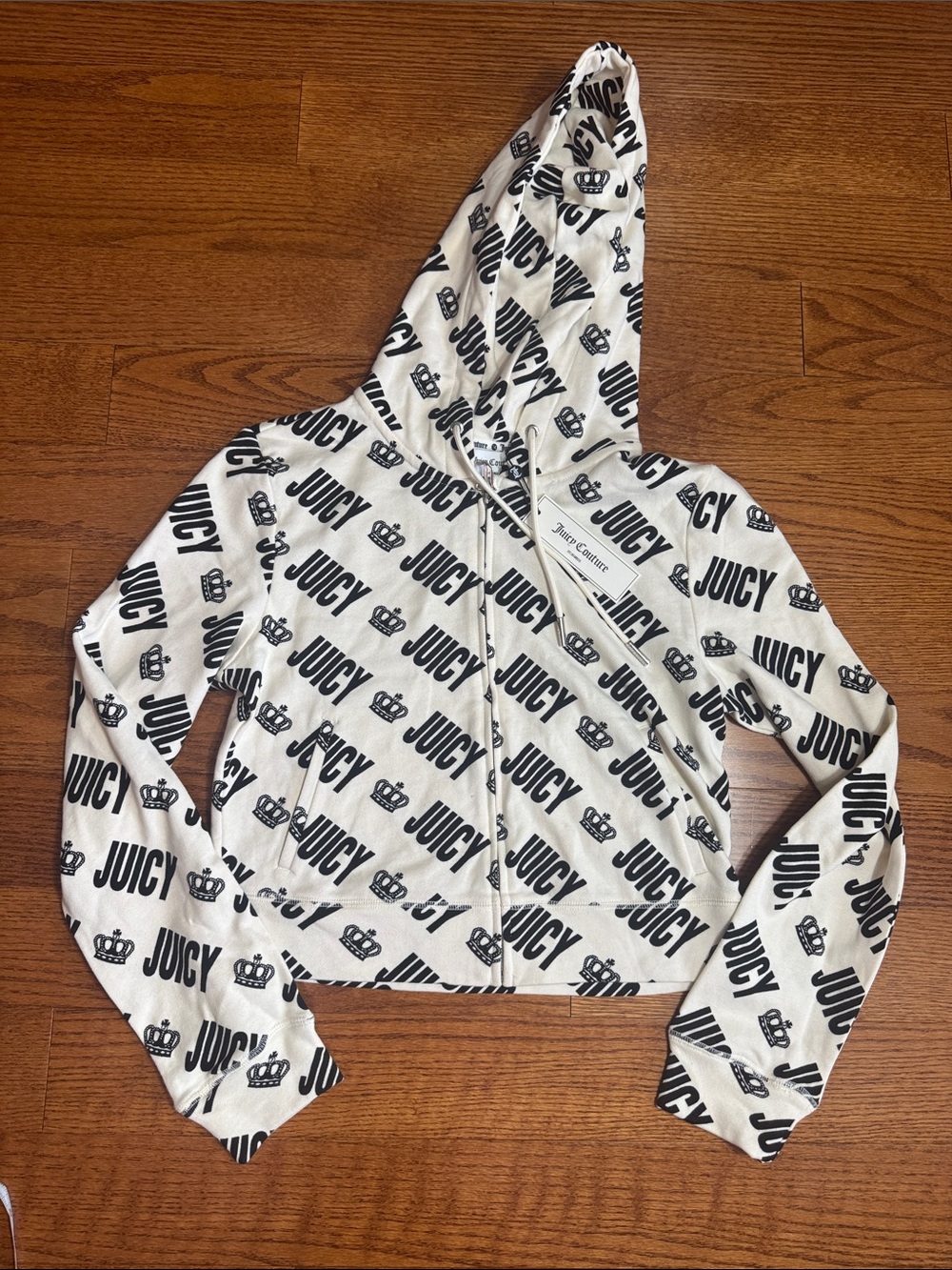 Sz Medium Juicy Couture White Hoodie with Black All-Over Logo NWT